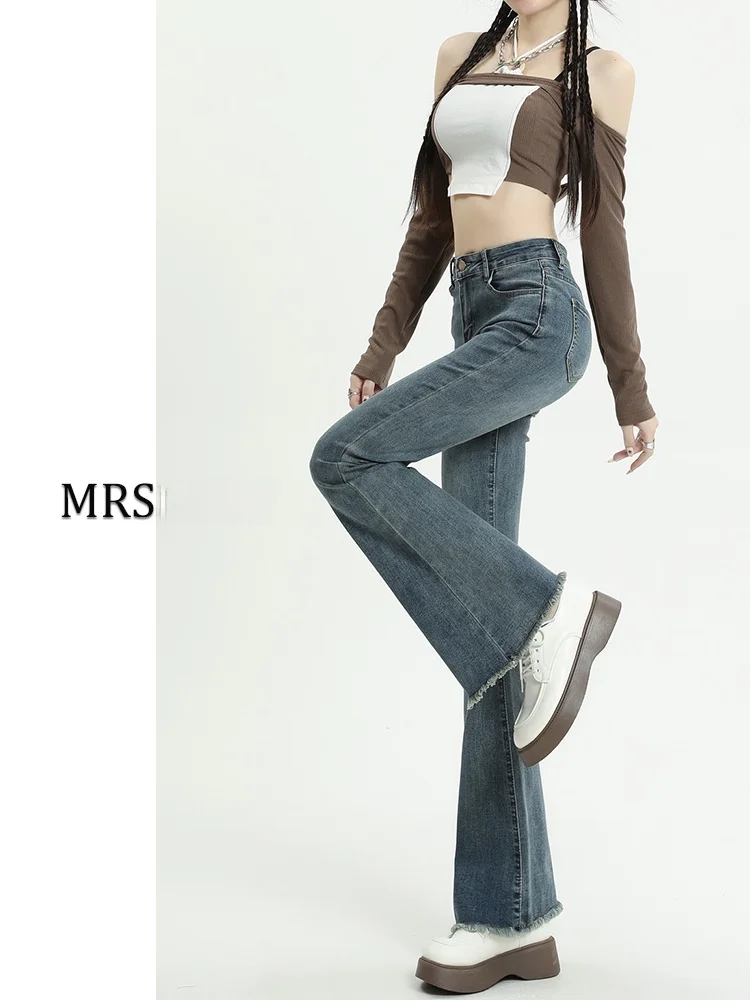 

Ретро джинсы с микро-клешем и рваными краями, женские летние новые эластичные джинсы с высокой талией, утягивающие, из хлопкового стрейч-денима