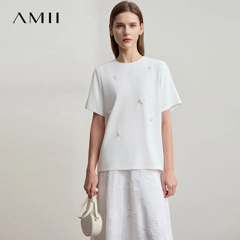 

Amii Women's Top Minimalist Summer New Elegant O-Neck Three Dimensional Sequin Flower Loose Short Sleeve Chiffon Blouse 12552027