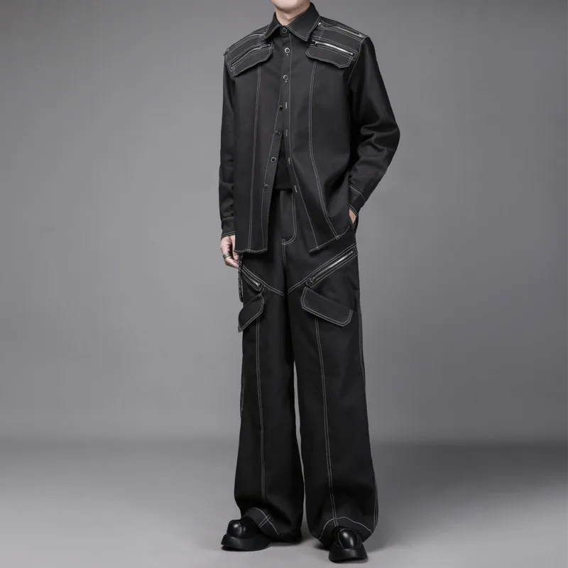 WVGA Spring Autumn New Men Tide Zipper Patchwork Trendy Heavy Design Denim Shirt Niche Chic Casual Wide-Leg Pants Set Ins W19049 view 3
