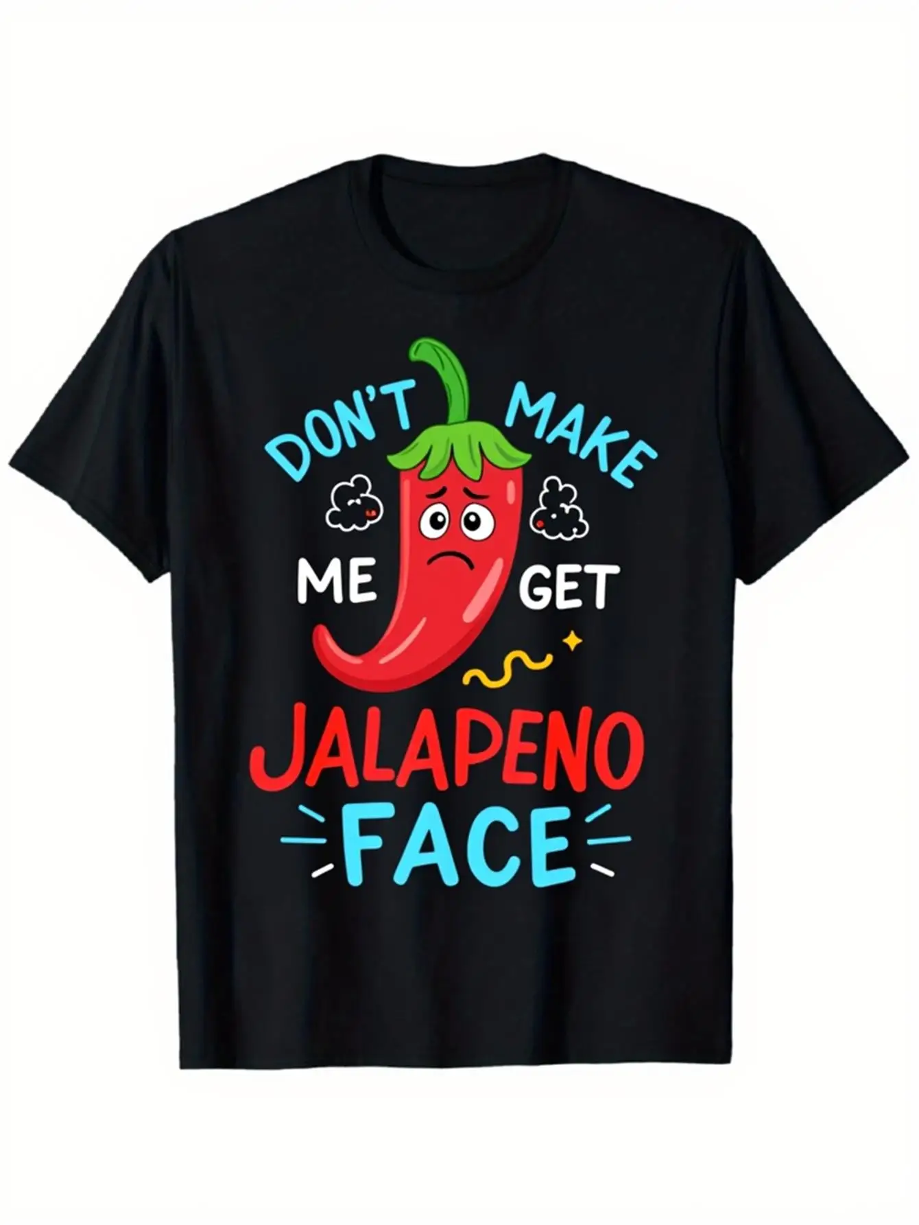 Funny Men's Black Graphic T-Shirt Jalapeno Pepper Cartoon Face Don'T Make Me Get Jalapeno Face Bold Letter Print 100% Cotton Heavyweight Short Sleeve Casual Streetwear Tee