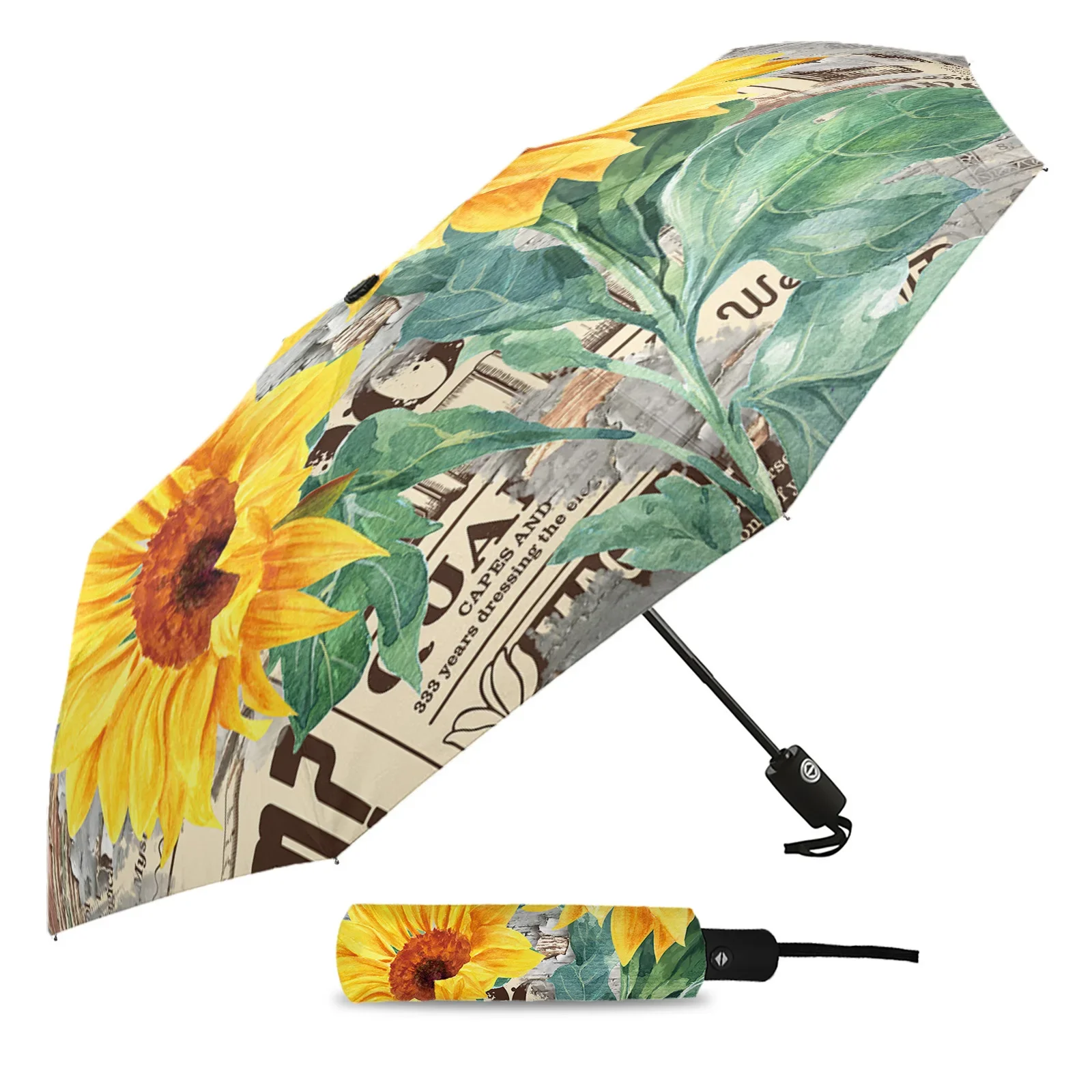 Sunflower Vintage Newspaper Wood Grain Custom Automatic Umbrellas for Women Male Windproof Folding Rain Umbrella Parasol