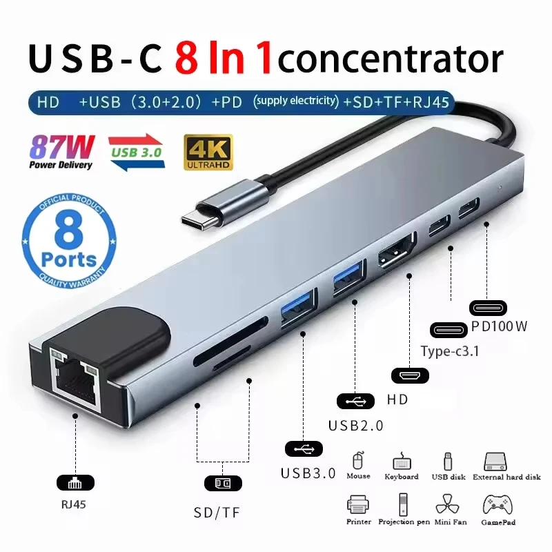 Typ-C-Extender 8-in-1 USB-Hub Dockingstation HDMI Laptop-Adapter SD-TF-Kartenleser PD-Schnellladung für MacBook Notebook Laptop