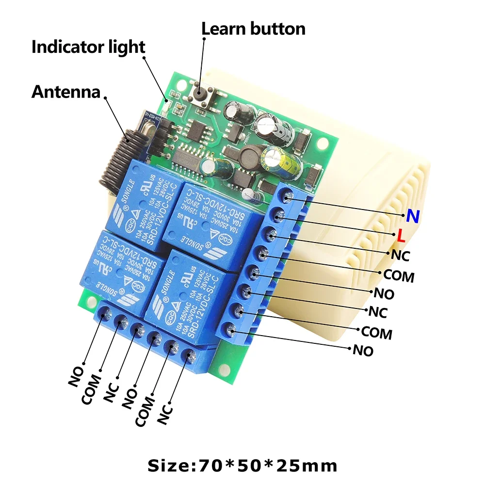 433MHz Universal Wireless Remote Control Switch AC 110V 220V 10A 4CH RF Relay Receiver Module for Gate Garage Door LED Motor DIY