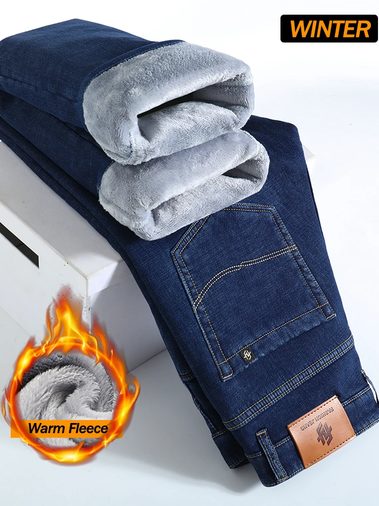 2026 Winter Jeans Men's Fleece Warm Trousers Thicken Velvet Thermal Business Straight Fit Classic Casual Denim Pants