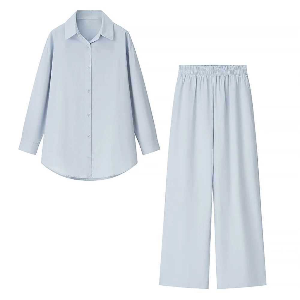 

Autumn new women's loose and versatile long sleeved solid color cotton and linen shirt, high waisted pants