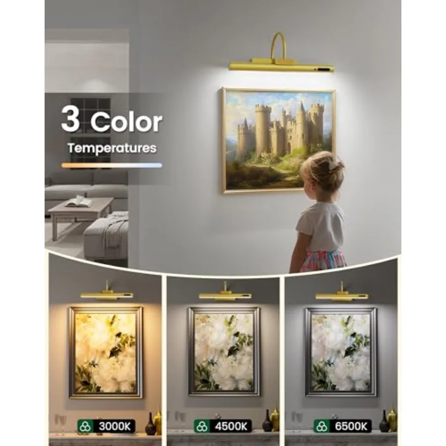 Picture Light Battery Operated, Picture Lights for Wall, 3 Colors and Brightness Dimmable, Rechargeable Art Light for Paintings