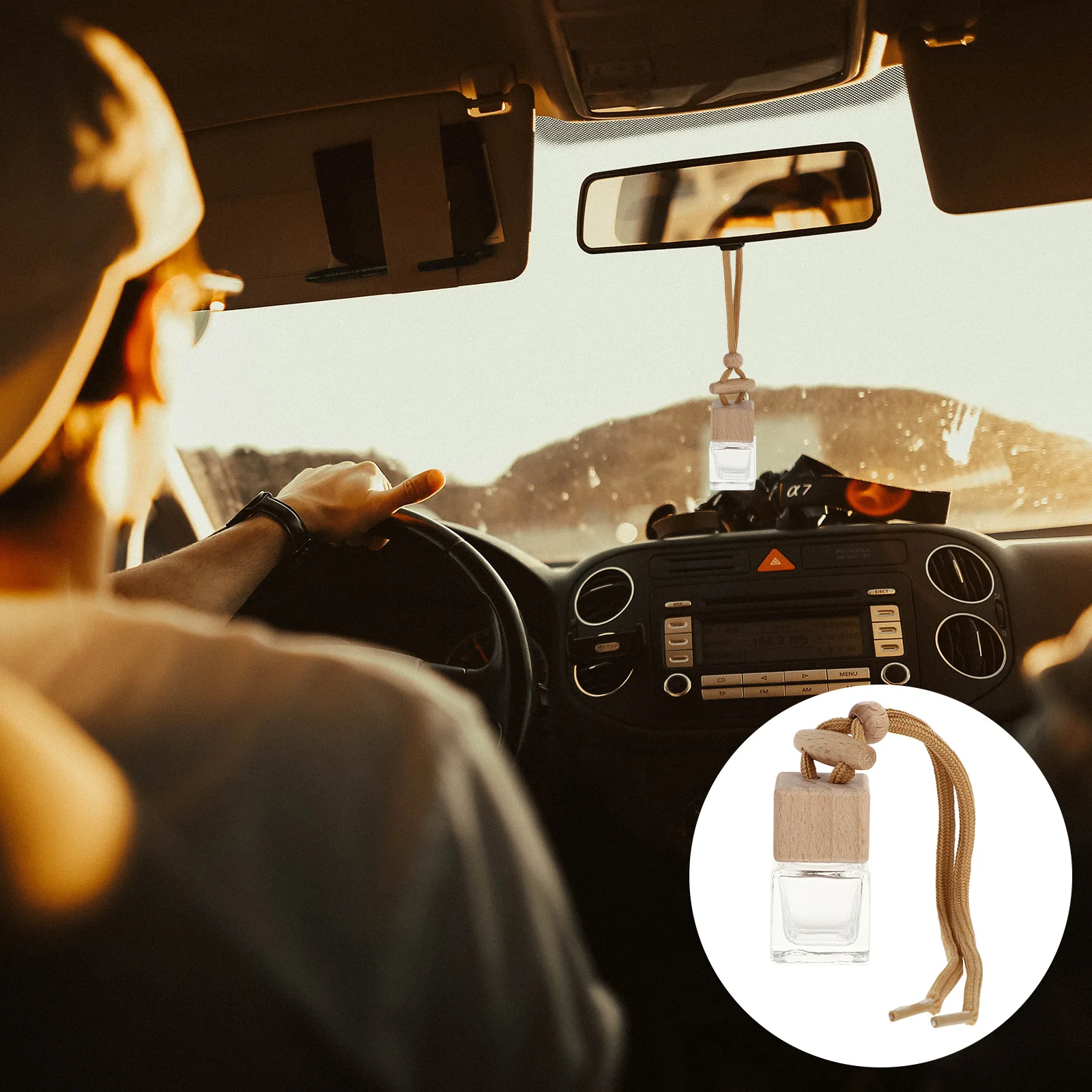 

5pcs Car Aromatherapy Hanging Decor Refillable Air Freshener Square Glass Bottle Beech Wood Cap Scented Pendant for Car Home