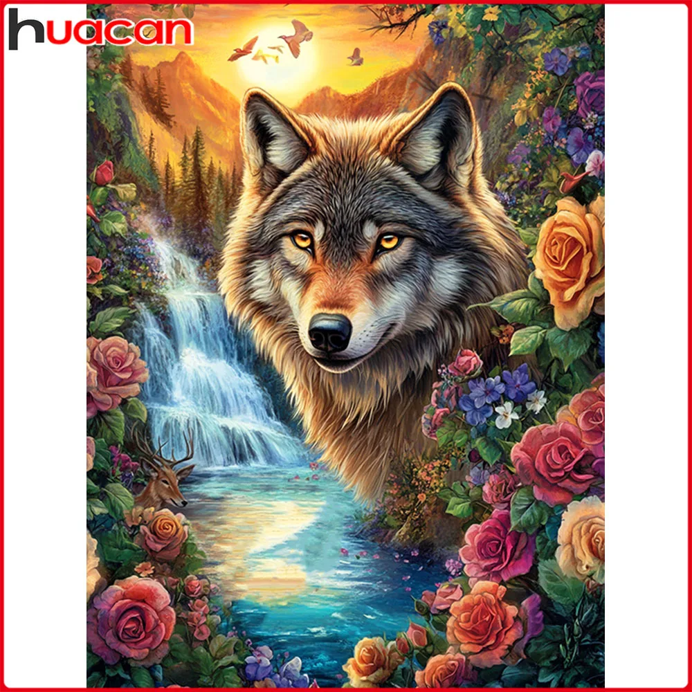 Huacan Diamantgemälde Wolf Blume Diamant Mosaik Tierlandschaft Komplettset Wanddekoration