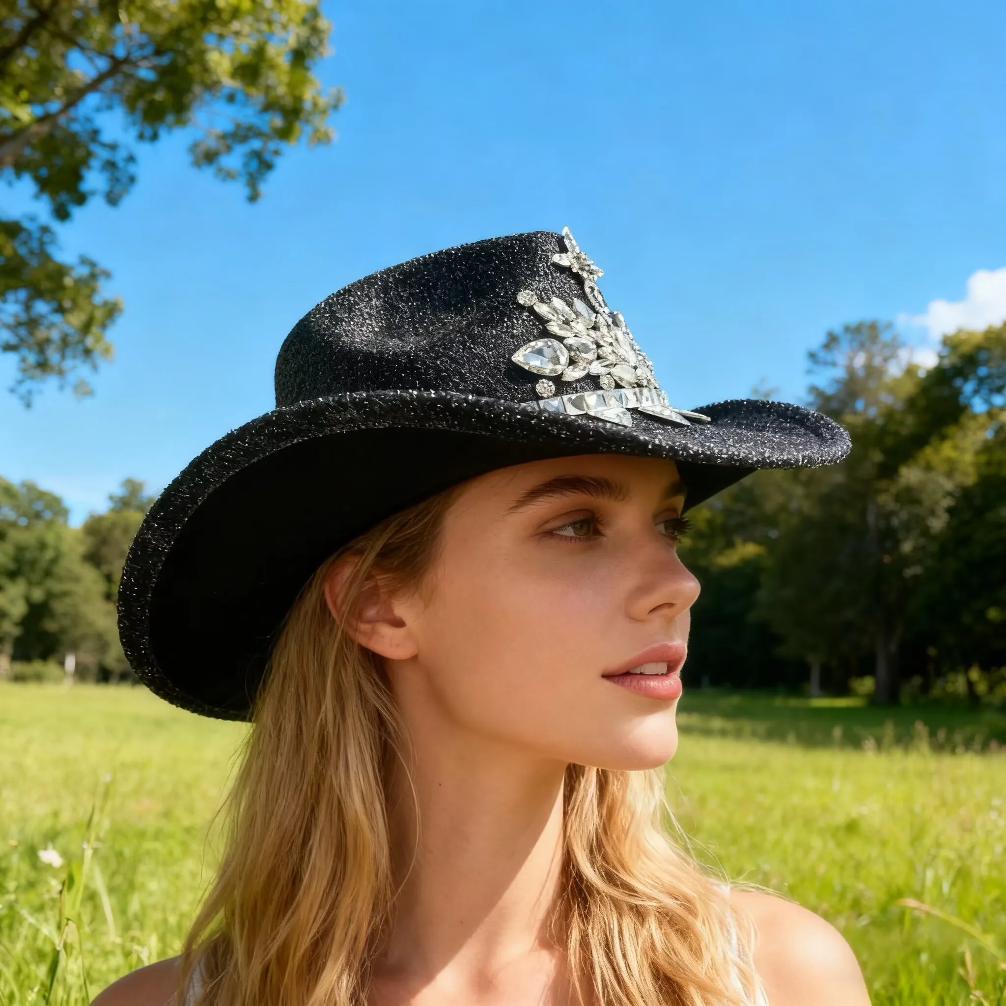 HongLuan الأسود الصليب ديسكو زي قبعة الكبار، قبعات رعاة البقر حجر الراين للمرأة، كاوبوي تأثيري الإناث الملحقات وقبعة راعية البقر #2