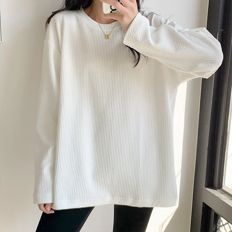 

Long Sleeve Bottoming T-shirt Women Autumn And Winter Korean Round Neck Folds Oversize Tshirt Korean White Midi-length Tops