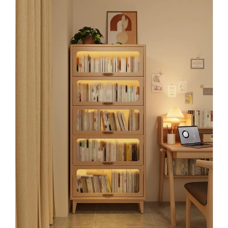 

Book Case 5 Tier Bookcase with Tempered Clear Glass Flip-Up Doors Bookshelves Brown Natural Wood Bookshelf Versatile