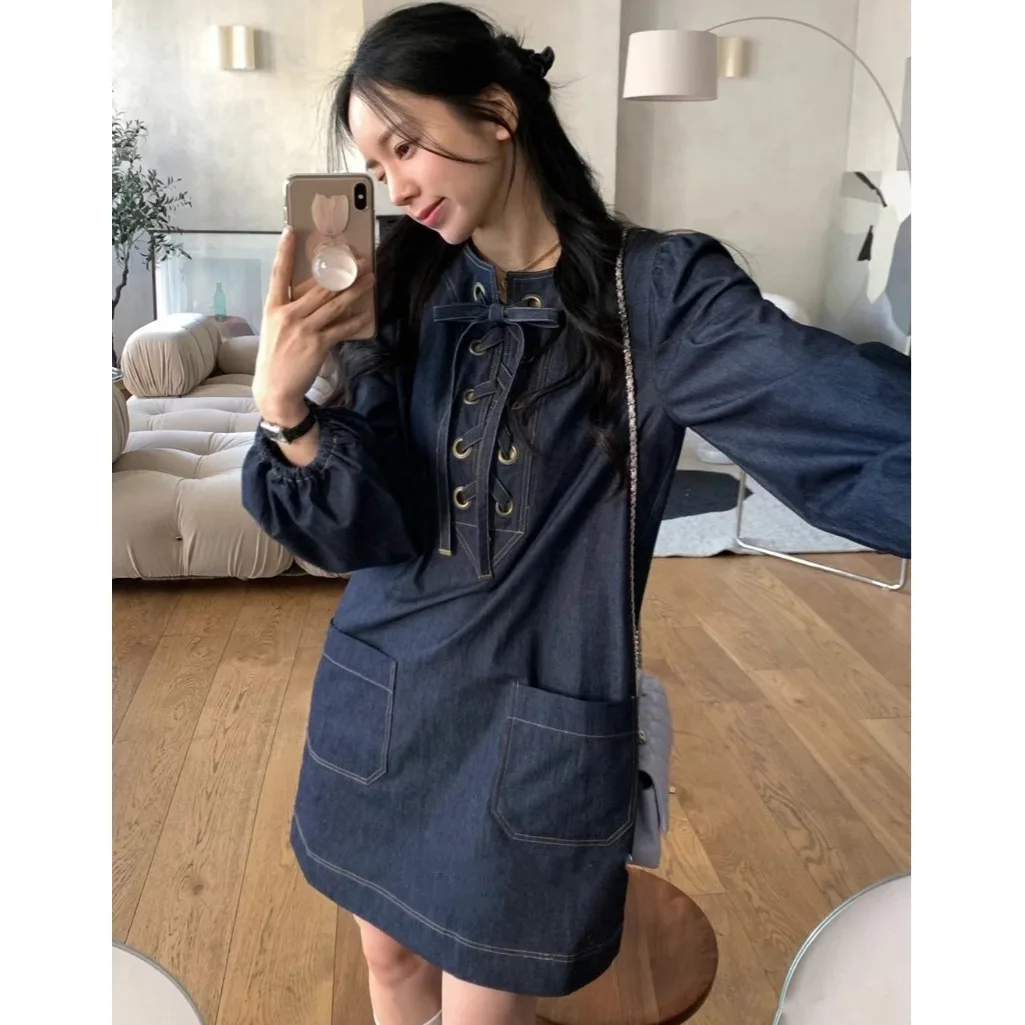 

Korean Style Doll Skirt Dress Women's Denim Lantern Sleeve Banded Design Spring Autumn Winter Casual Fashion Online Exclusive