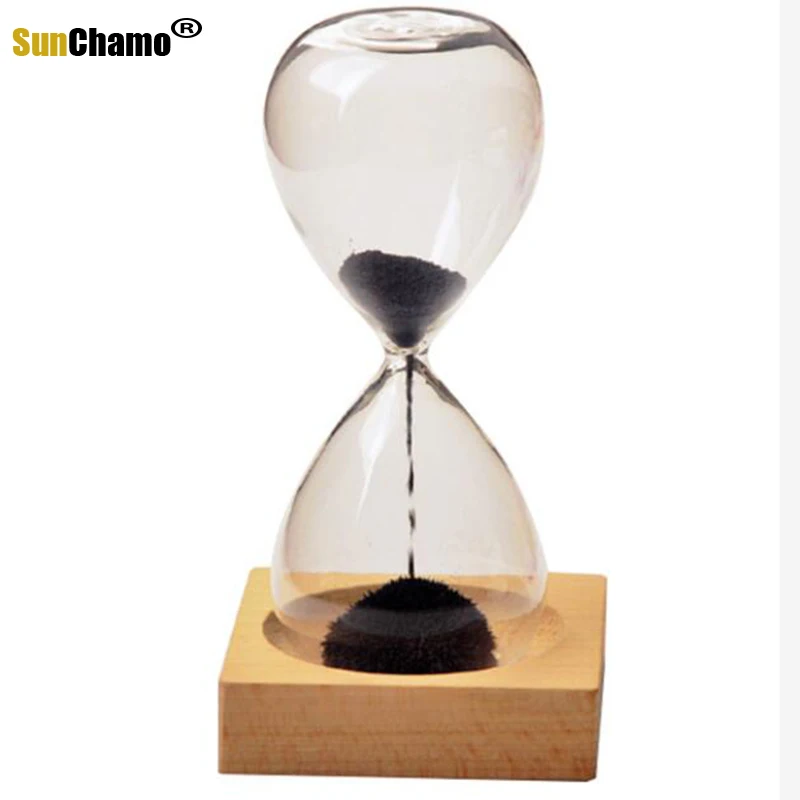 Wood Glass + Iron Powder Sand Flowering Magnetic Hourglass with Packaging Hourglasses 13.5X5.5cm Wooden Seat Gift Presents
