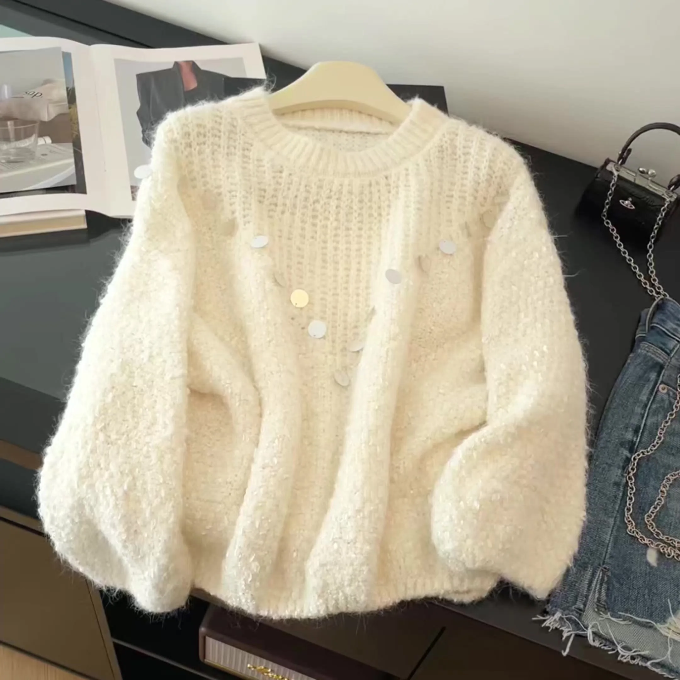 

Women Apricot Knit Pullover Sweater 2000s Vintage Korean Style Long Sleeves O-Neck Cozy Sequins Cashmere Sweater For Women 2025