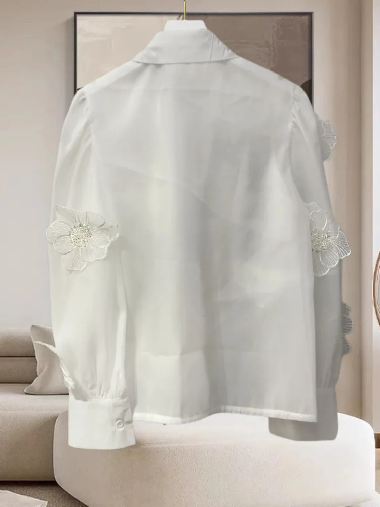 [EWQ] Sweet Women Tops Big Size Blouse 3D Flower Fold Puff Longs Leeve Blouse Spring 2024 Summer Organza See-through Shirt SN571