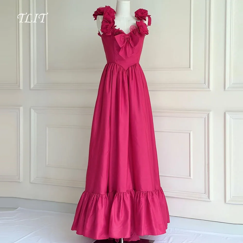 

TLIT Elegant Rose Pink Taffeta Evening Dressesفساتين سهرة V-Neck Spaghetti Strap with Flowers Bow Prom Gown Customized