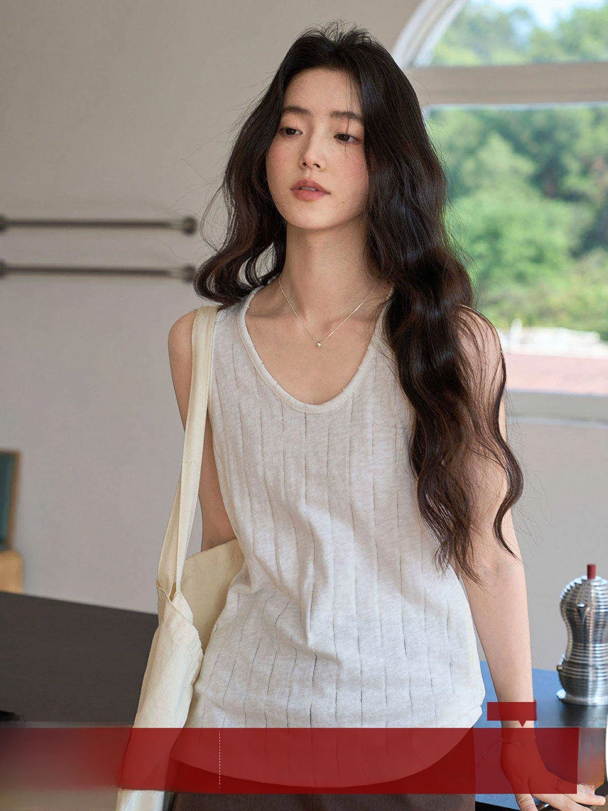 

MoZao Women's White U-Neck Hollow out Texture Strap Vest Summer New Loose Slimming Outerwear Top round Neck Other Material