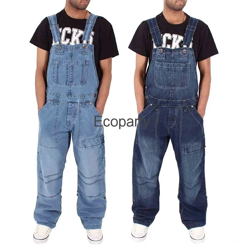 5xl Men\'s Fashion Jeans Plus Size Casual Overalls Suspenders Jumpsuit Man Loose Work Pants Male Multi Pocket Loose Trousers