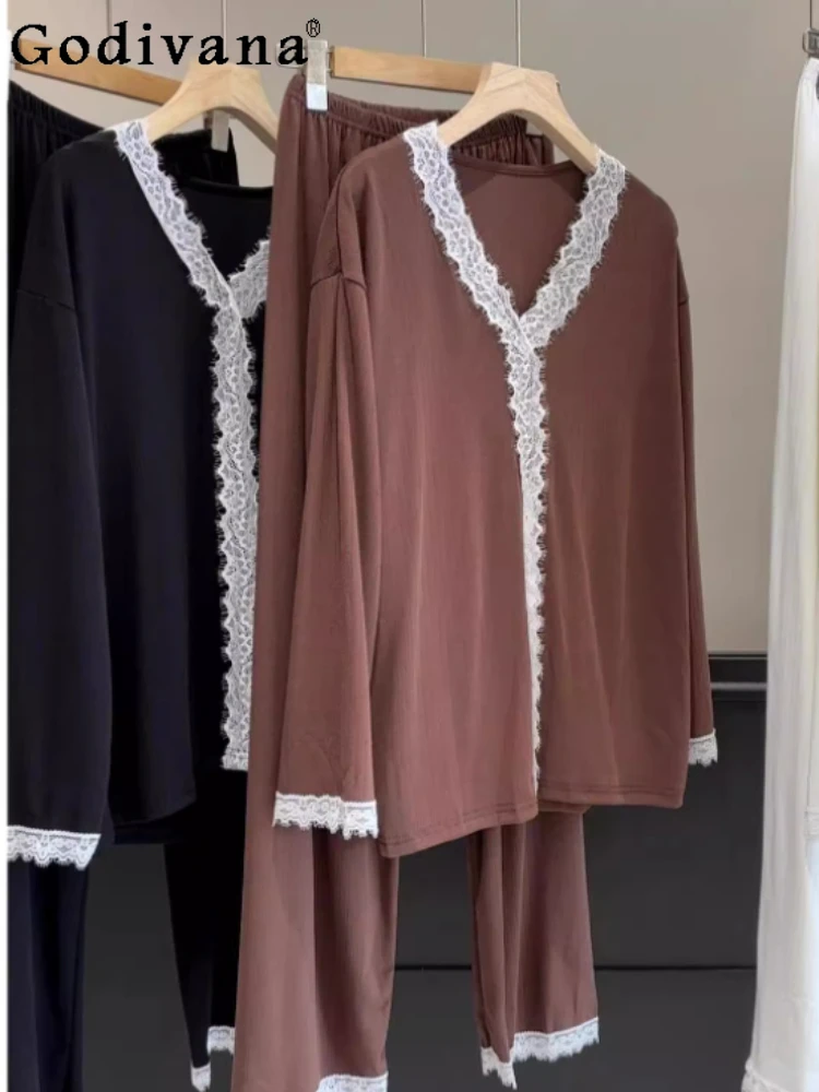 

Girls Elegant Lace Splicing V-neck Long-sleeved Pajamas Women's Autumn Fashion Versatile Comfortable Loose Loungewear Sets