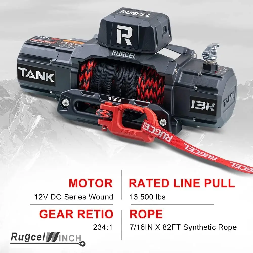 RUGCEL WINCH 13500lb Waterproof Electric Synthetic Rope Winch 12V with Hawse Fairlead, 2 in 1 Wireless Remote,Double Color Rope