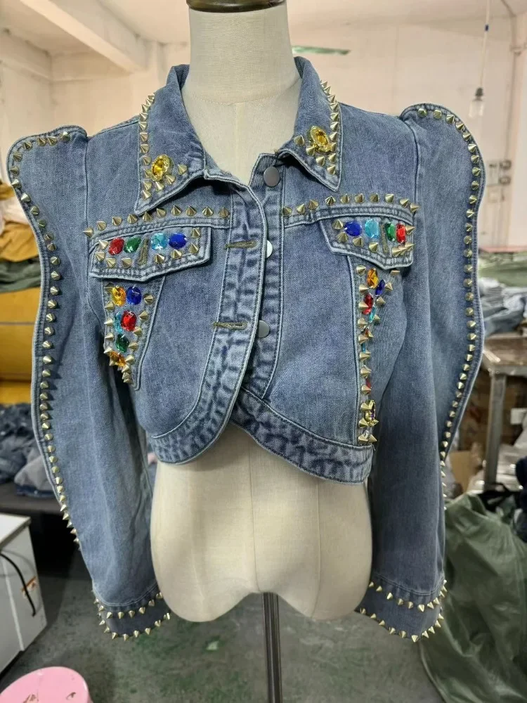 Vintage Blue Irregular Hem Slim Short Denim Jacket Women Spring Autumn Streetwear Lapel Long Sleeve Diamonds Rivet Jeans Coat