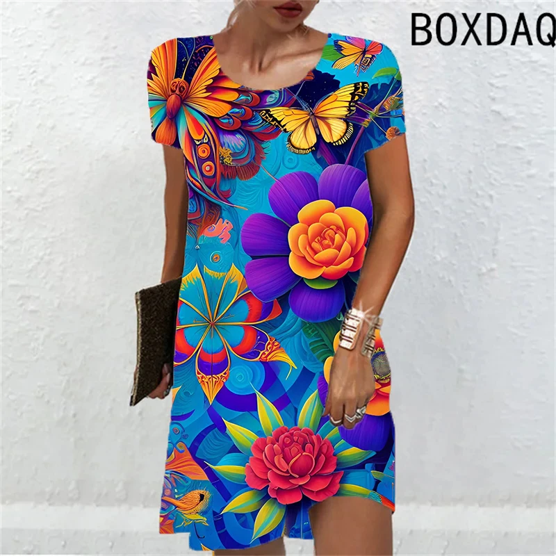 Beach Vacation Party Leisure Women Dress Fashion New Summer Woman Sundress Short Sleeve O-Neck Floral Print Mini Dress Ladies