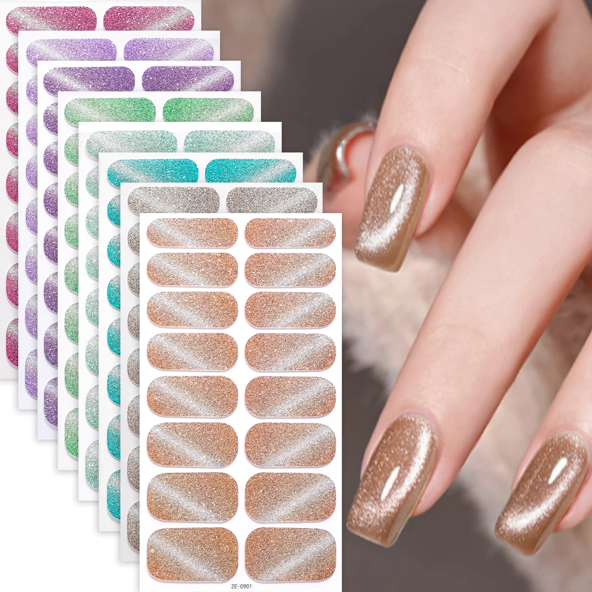 

16Tips Full Cover Gradient Nail Stickers DIY Nail Polish Strips Glitter Cat Eye Adhesive Nail Art Sticker Manicure Decoration
