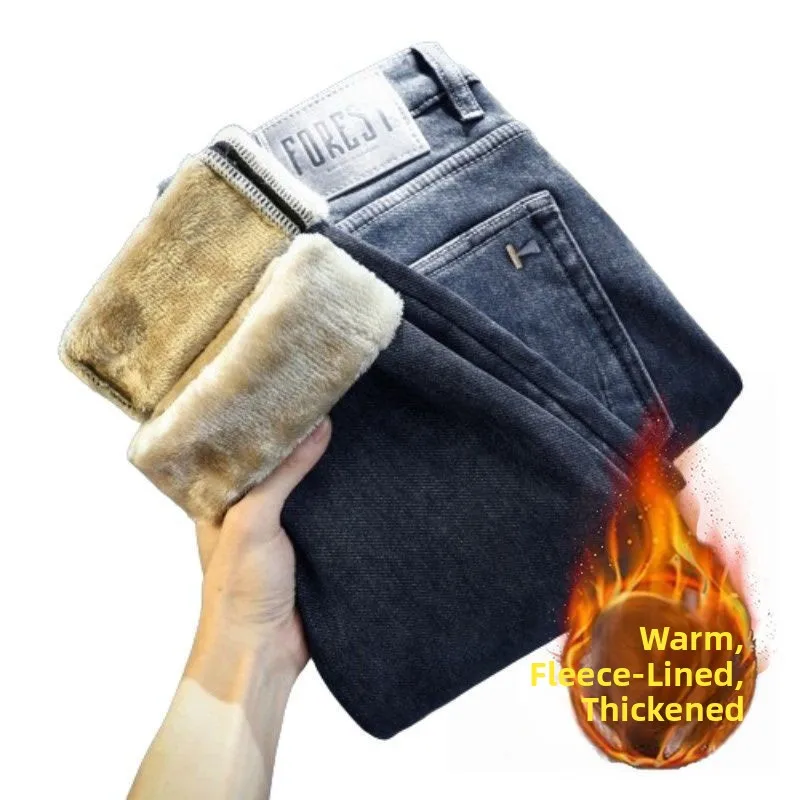 

Men's Fce Lined Thiened Straight Leg Jeans Elastic High Waist Slim Fit Winter Faionable Casual Comfortable Denim Pants