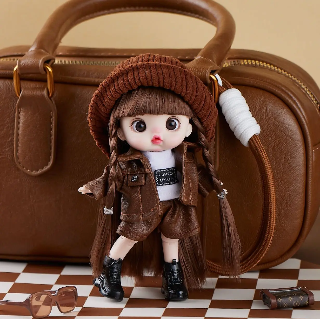 Cute Big Eyed Jointed Doll With Braided Hair Fashion Casual Suit Knitted Cap Play Toy For Kids Birthday Holiday Present