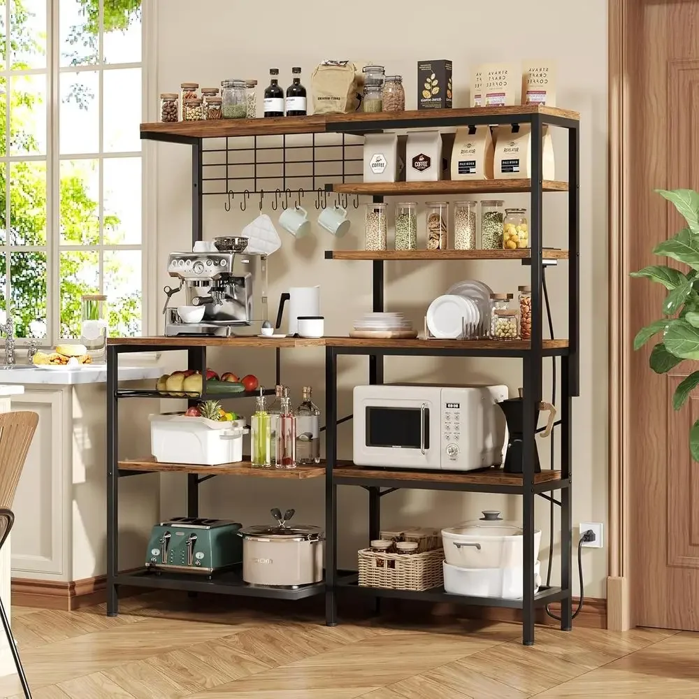6-Tier Microwave Stand with Power Outlet, L-Shaped Bakers Rack, Open Storage & Hooks, Coffee Bar, Rustic Brown and Black