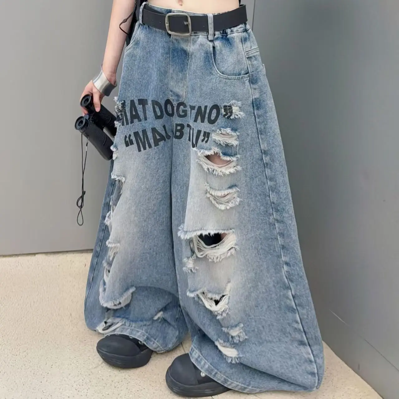 Retro American Letter Teenager Girls Big Hole Jeans Summer Cotton T-Shirt Loose Casual Ripped Wide Leg Pants Child Outfit Set