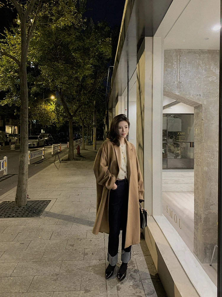 

Женское шерстяное пальто из тяжелой верблюжьей шерсти с высоким воротником, однотонное, с длинными рукавами, в стиле костюмного воротника