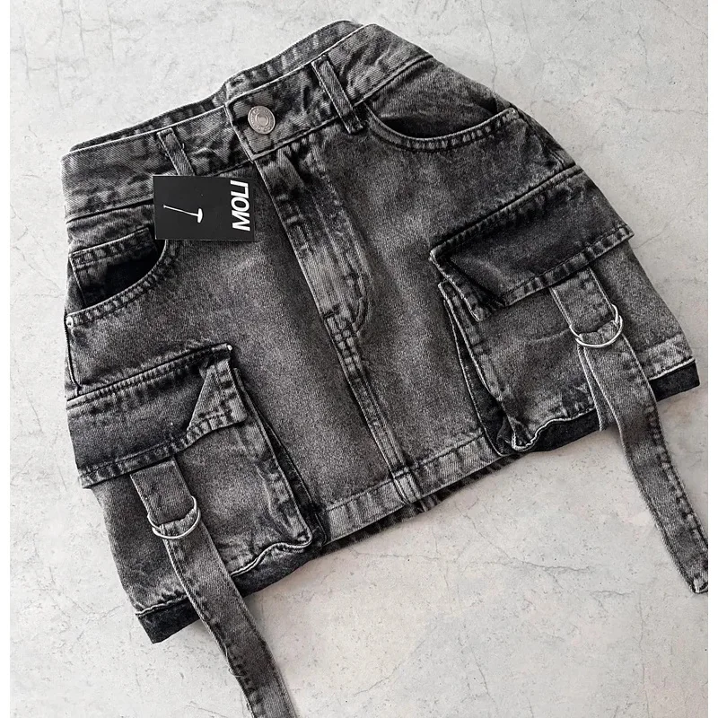 تنورة قصيرة ريترو قوطية أوف وايت موضة هاراجوكو متعددة الجيوب من قماش الدنيم تنورة منقوشة للسيدات ملابس الشارع تنورة قصيرة مثيرة غير رسمية