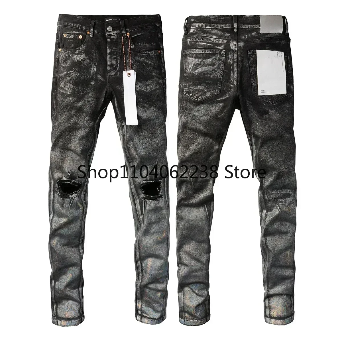 

2024 Fashion Purples jeans Man American brands style high street white paint distressed Repair Low Rise Skinny Denim pants