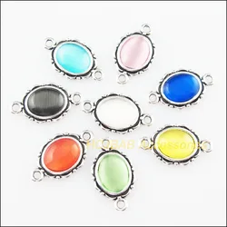16Pcs Tibetan Silver Plated Oval Mixed CatEye Stone Charms Pendants Connectors 12x21mm