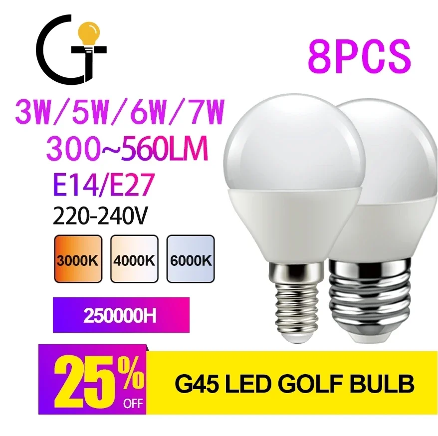 

8pcs LED Bulb Lamps G45 E14 E27 AC220V 240V Light Bulb Real Power 7W 6WW 5W 3W Lampada Living Room Home LED Bombilla