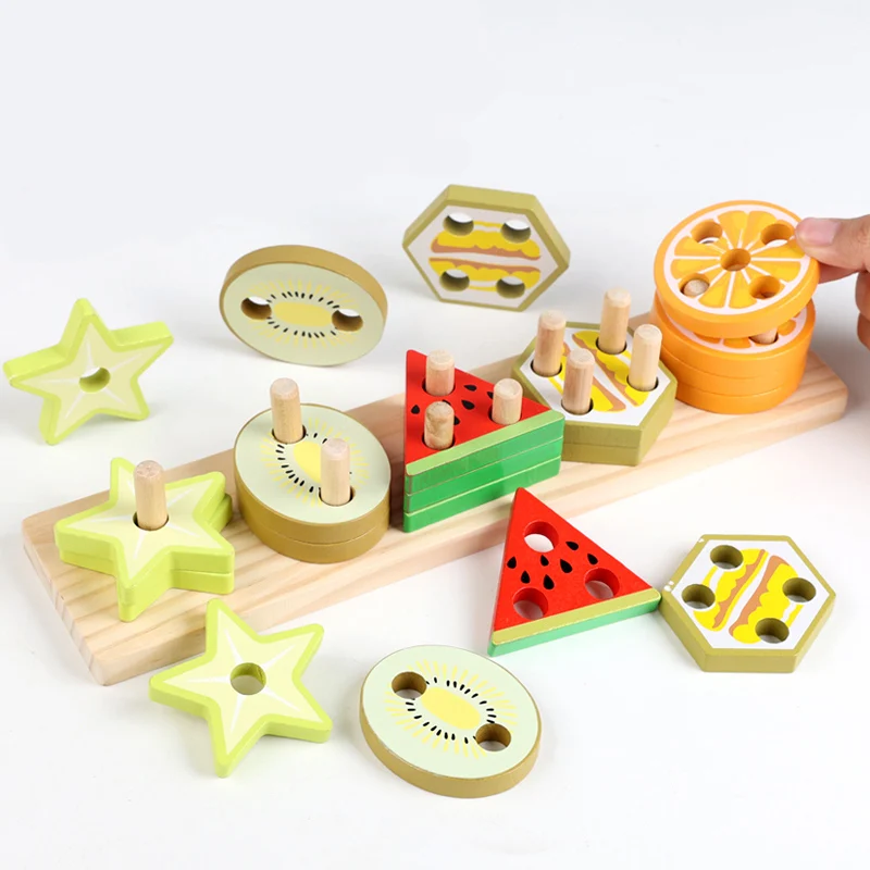 Juego de juguetes cilíndricos apilables con forma y Color, juego creativo de reconocimiento de frutas y verduras para niños, juego a juego de agarre manual, 1 ud.