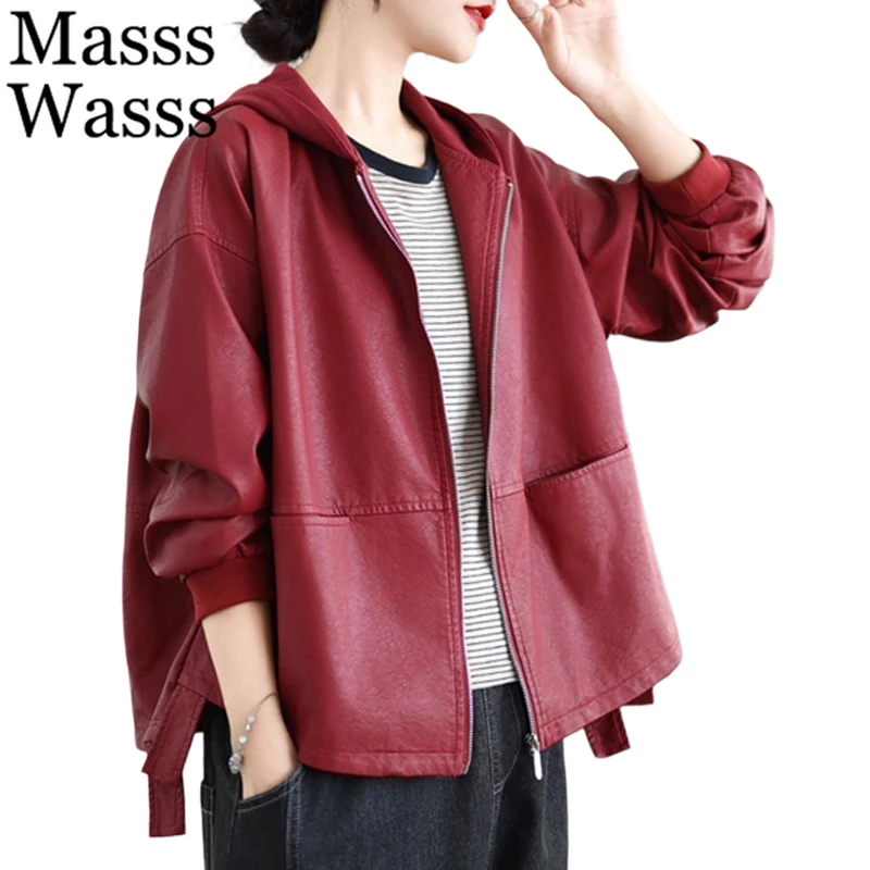 

Masss Wasss Causal Classic Hooded Faux Leather Jackets Womens 2026 Fashion Vintage Soild Outerwear Females Spring Loose Pu Coats