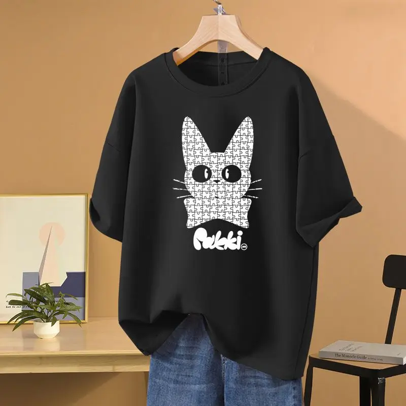 Summer Women Clothing Fashion Short Sleeve T-shirt, 100% Cotton Vintage Casual Loose Tops, Cartoon Printed Basic Pullovers