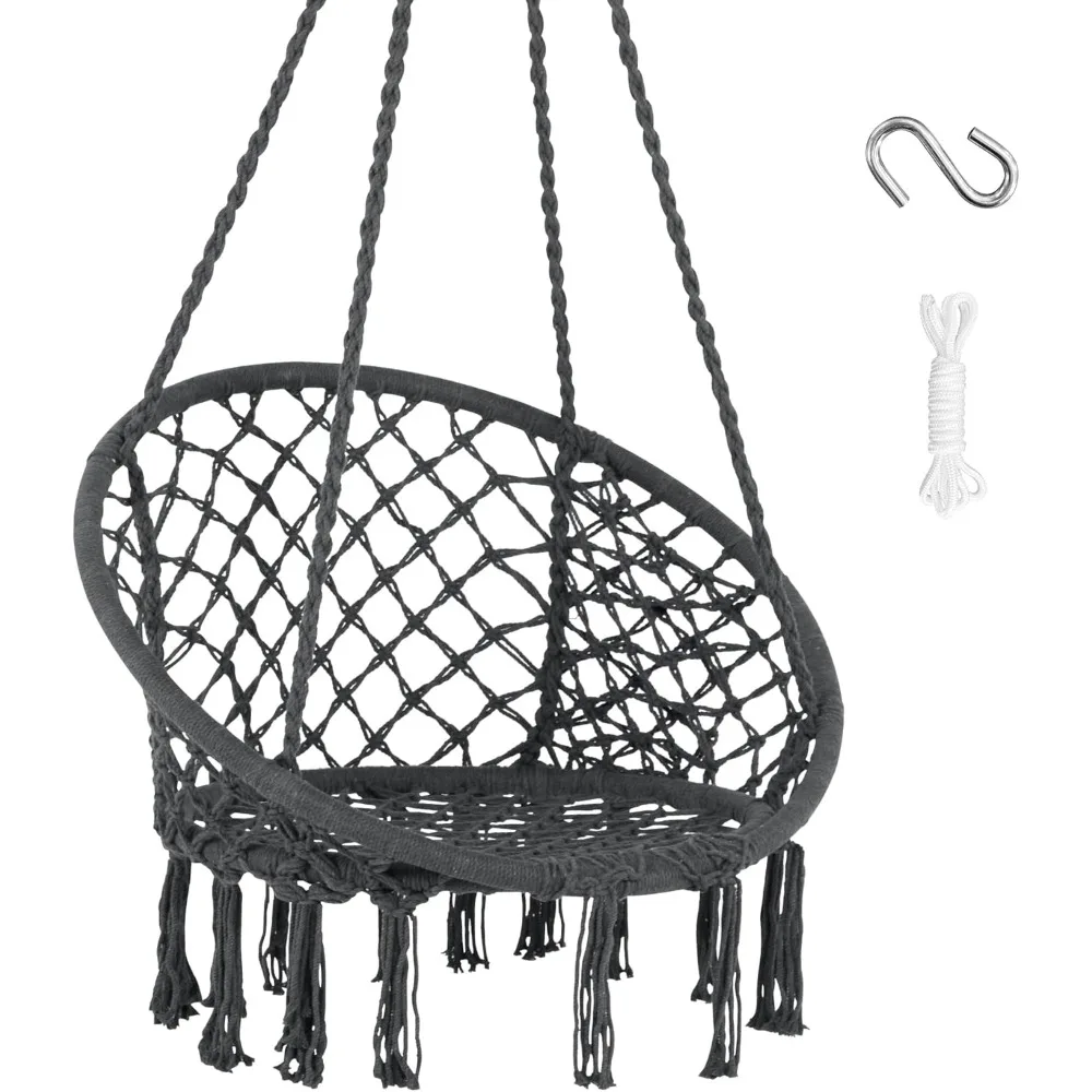 Hammock Chair Hanging Macrame Swing with Hardware Kits, Max 330 Lbs, Handmade Knitted Mesh Rope Swing Chair for Indoor,