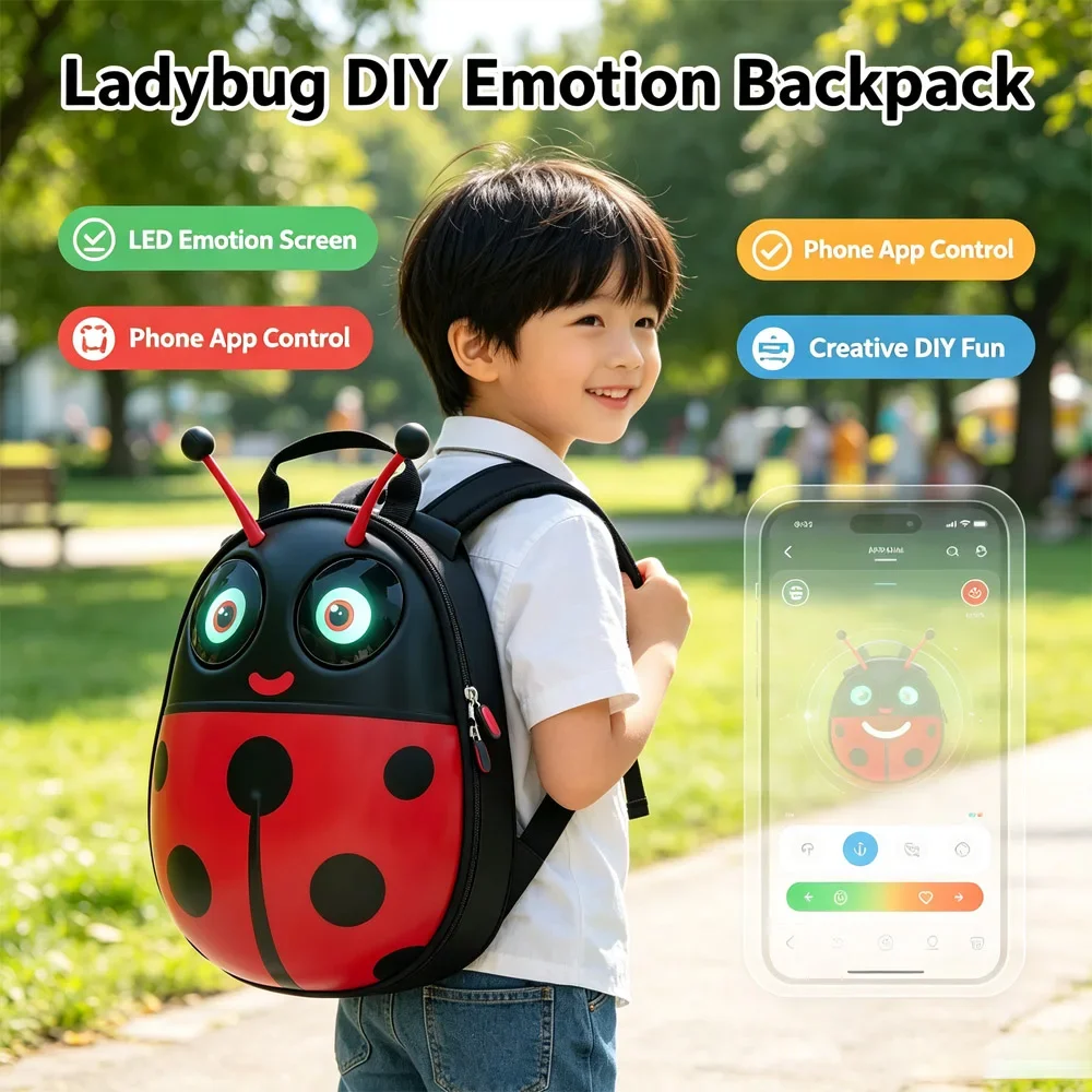 Cute Ladybug Hard Shell Backpack with LED Eyes Screen, DIY Programmable Full Color Display, Waterproof Casual Daypack for Girls