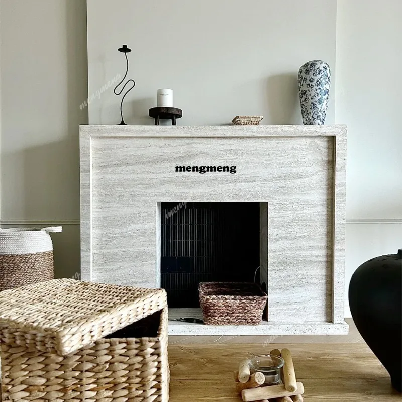 French natural travertine fireplace decorative cabinet simulation fire stone ornament antique living room small fireplace