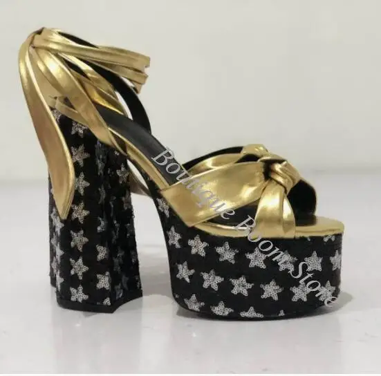 

Fashion Red Heart Bling Gold Star Platform Peep Toe Knot Cross Lace- up Sandals Chunky High Heel Roman Sandals Woman Shoes