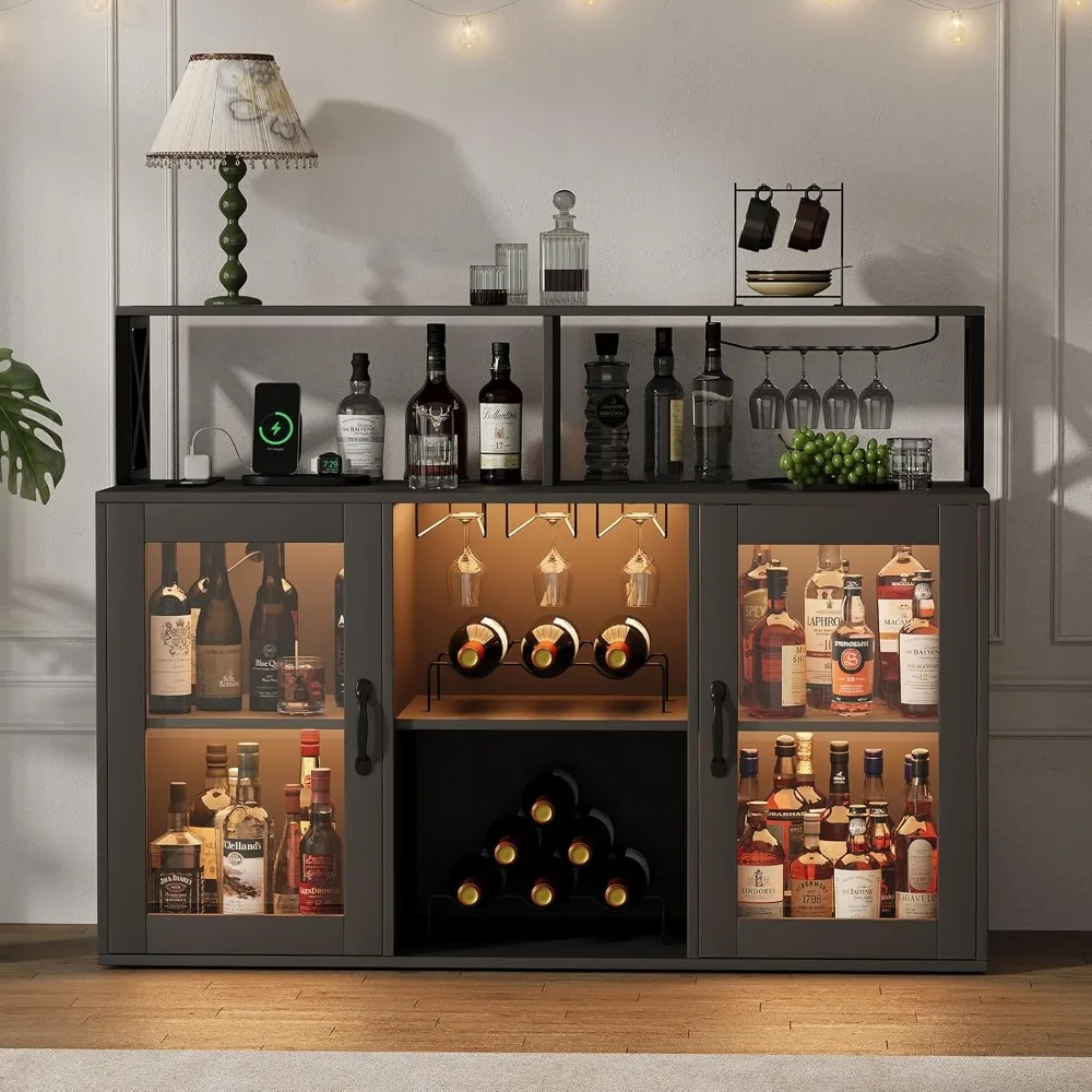 

Wine Bar Cabinet with RGB LED Lights, Bar Furniture for Home with Storage, Power Outlets, Wine Rack and Glass Goblet Holder,