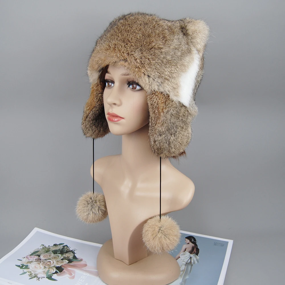 New Lady Winter Warm Real Rabbit Fur Hat Snow Cap Winter Hats for Women Girls Real Fur Knit Skullies Beanies Natural Fluffy Hat