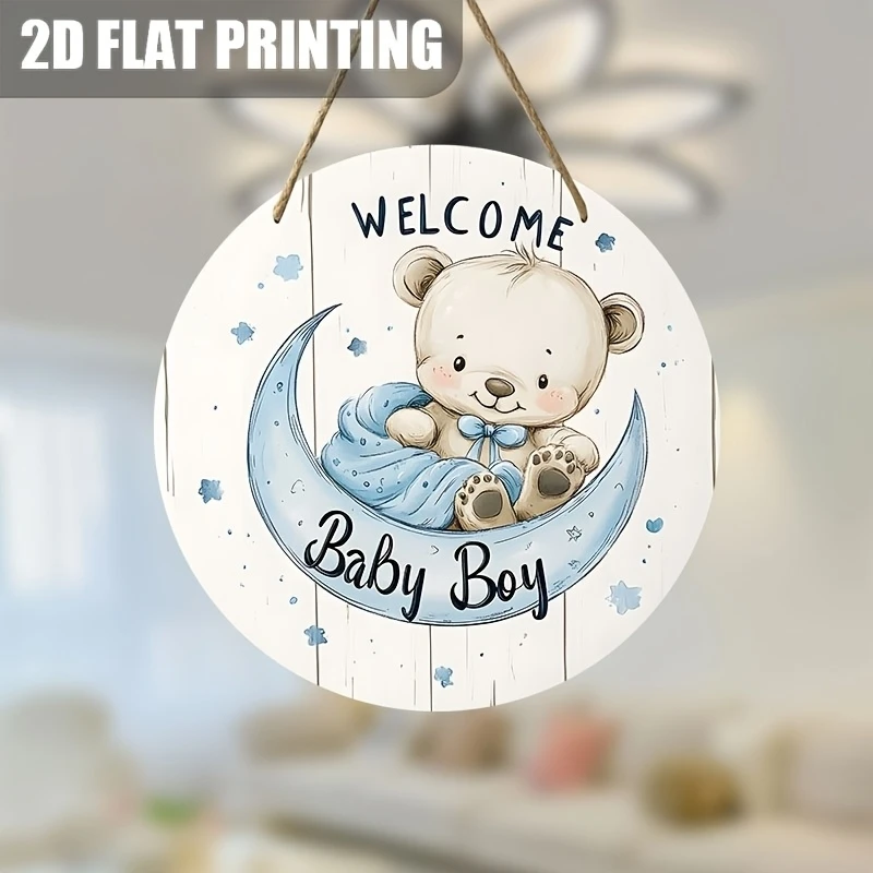 2D Blue Moon Little Bear Wooden round Disc Baby Nameplate Boys Children's Room Decor Personalized Customizable Engraved Plaque