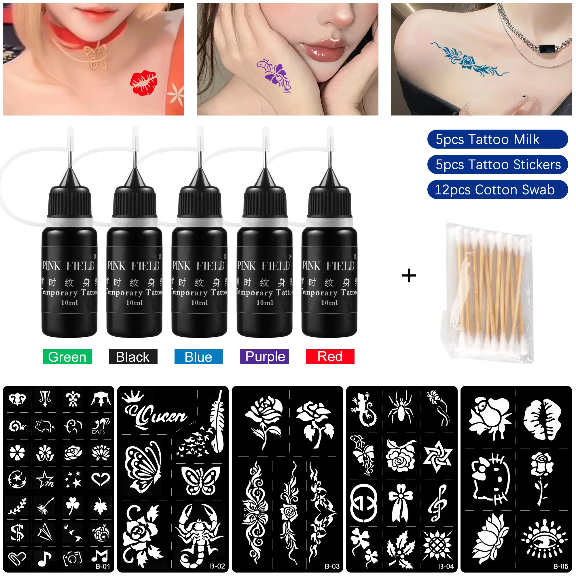 Hena Temporary Tattoo Kit 10ml X 5 Bottles - 5 Colors Unisex Tattoo Supplies Full Set with 5 Stencil Designs for Women Men