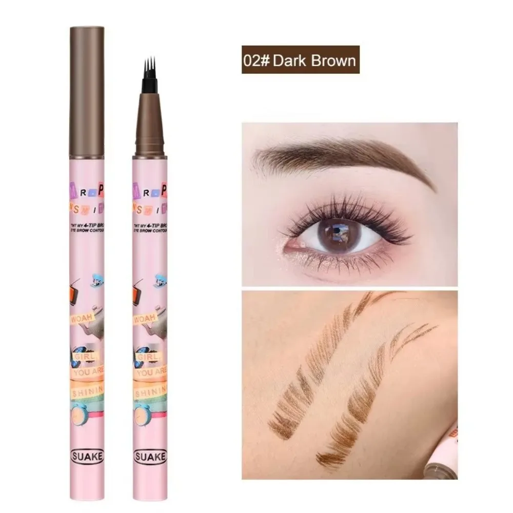 กันน้ํา 4 สีปากกาเขียนคิ้ว 4 เคล็ดลับส้อม Natural Dark Brown Liquid Eye Brow ดินสอเครื่องสําอางค์ Long Lasting Eyebrow Tattoo ดินสอ