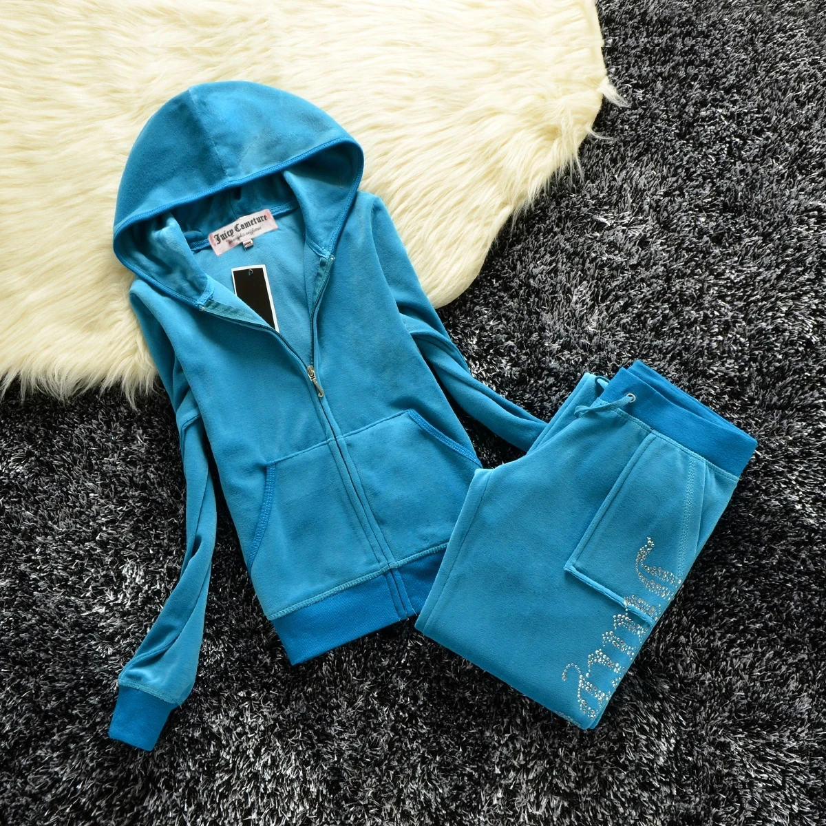 Velvet Tracksuit Juicy Cometure Original Velvet High J Zipper Hooded Sweatshirt + Trousers Women Casual Hooded Sweatshirt Set