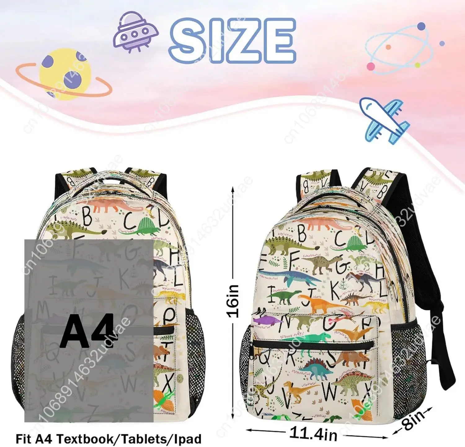 AUUXVA Alphabet Dinosaur Backpack for School Kids Girls Boys Education Letter Bookbag Laptop Backpack 14 Inch Travel Daypack Stu